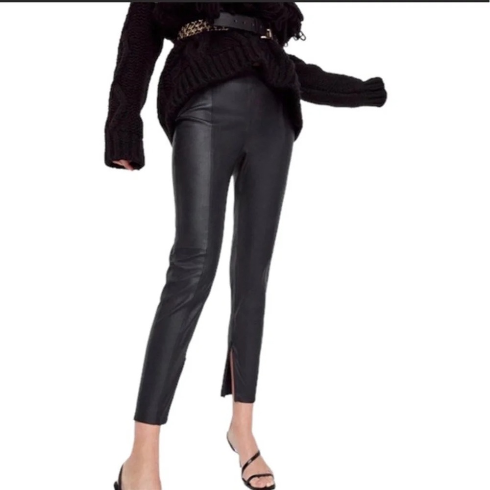 Zara Black Faux Leather Ankle Zip Pants Size Medium